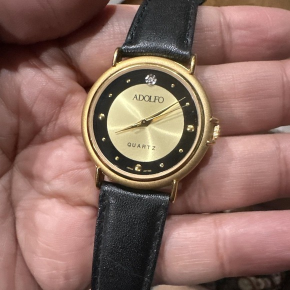 Adolfo Accessories - Vintage Adolfo Watch Unisex 33mm Gold Tone Black Dial Leather Band New Battery